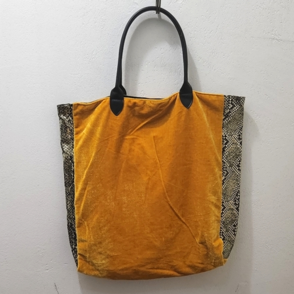 Momo New York | Embossed Metallic Panel Yellow Velour Tote